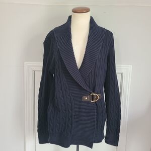 Ralph Lauren Buckle Sweater Womens Size L Cable Knit Preppy Equestrian READ FLAW